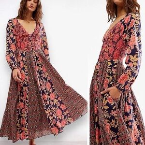 Free People Navy and Coral Floral Maxi Dress